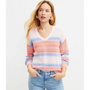 LOFT Pastel Striped V-Neck Pullover Sweater‎ Size M Coral Pink Cozy Knit Layers